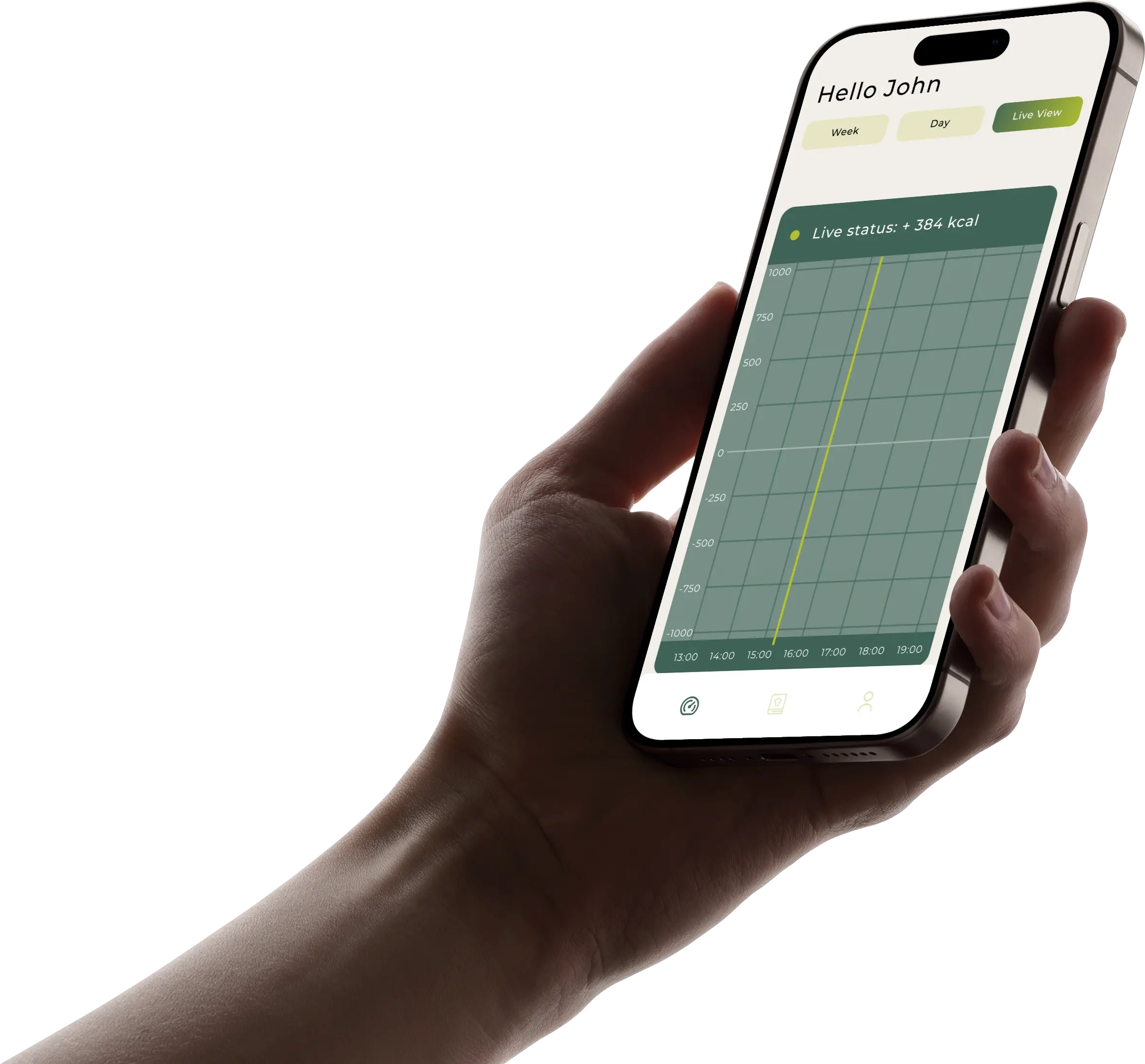 Mobile screen showing the Live View in the Carboplanner app for a user named John. A green chart displays the current calorie balance with a label “Live status: +384 kcal.” The graph features a vertical yellow line and a scale from -1000 to +1000 calories, indicating real-time energy tracking.