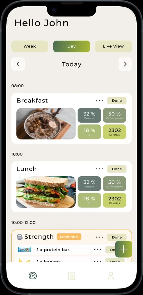 Mobile screen showing the daily overview in the Carboplanner app for a user named John. The Day tab is selected, and meals and activities are listed chronologically. Breakfast and lunch are displayed with images, macronutrient breakdowns (protein, fat, carbs), and calorie counts. A strength workout is listed below with the intensity marked as Moderate. Each entry is marked “Done”.