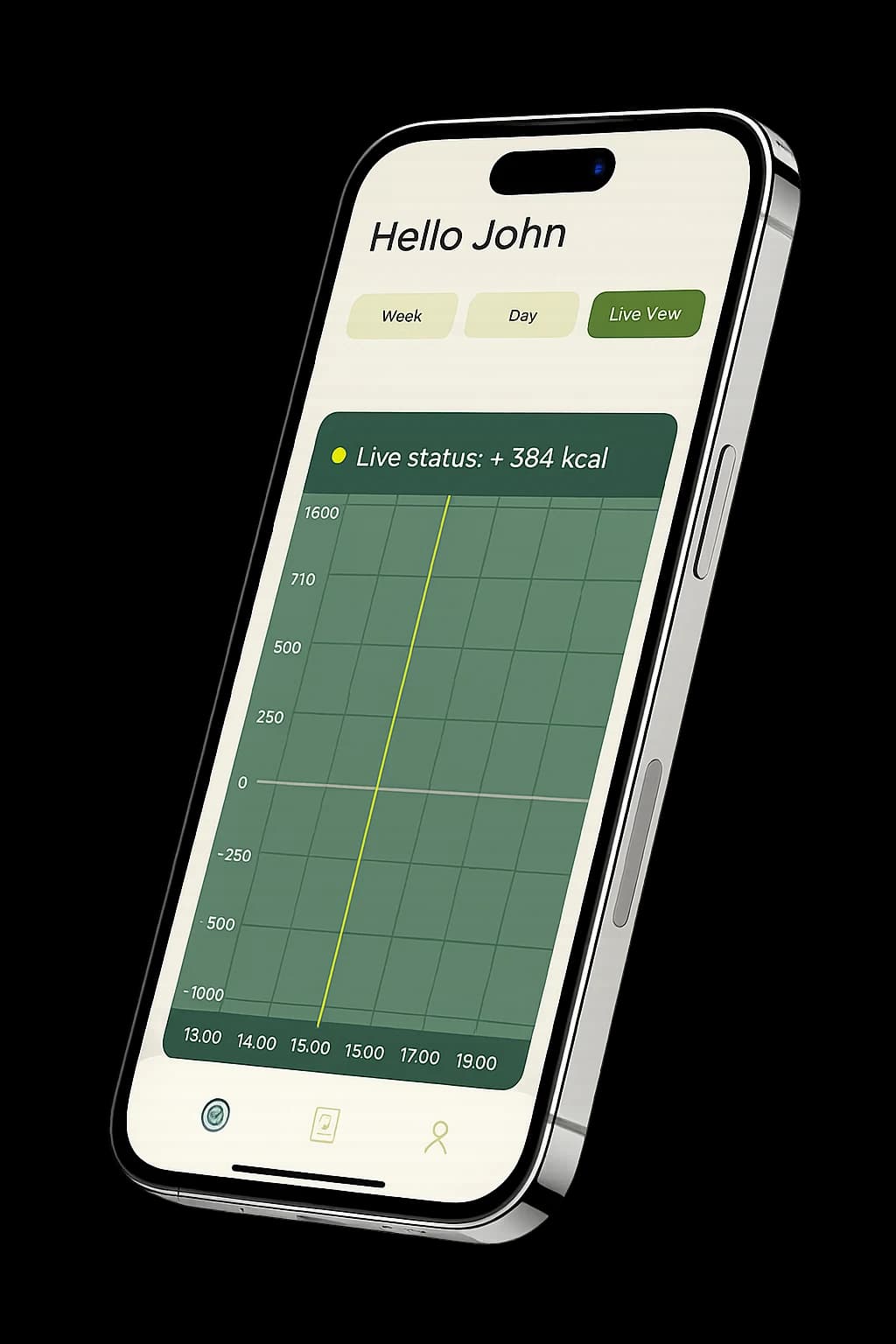 Mobile screen showing the Live View in the Carboplanner app for a user named John. A green chart displays the current calorie balance with a label “Live status: +384 kcal.” The graph features a vertical yellow line and a scale from -1000 to +1000 calories, indicating real-time energy tracking.