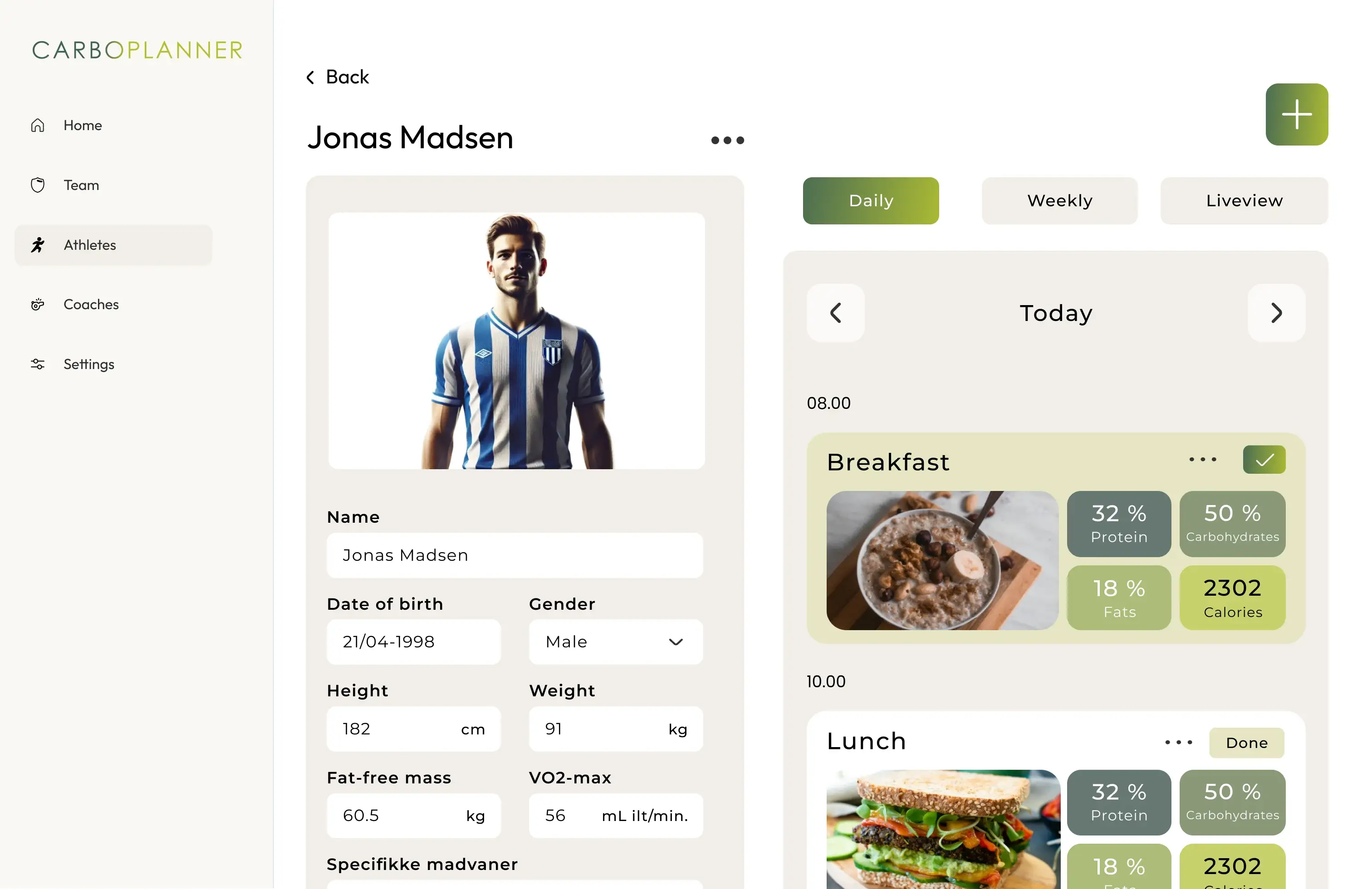 Screenshot of the Carboplanner app homepage showing team overview, energy level chart, and athlete statistics